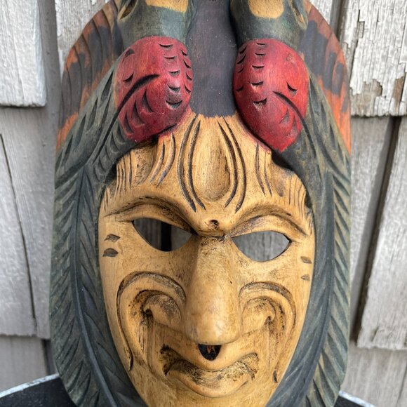 Warrior Chief Totem South American Face Mask Hand Carved Wooden Painted - Picture 2 of 7